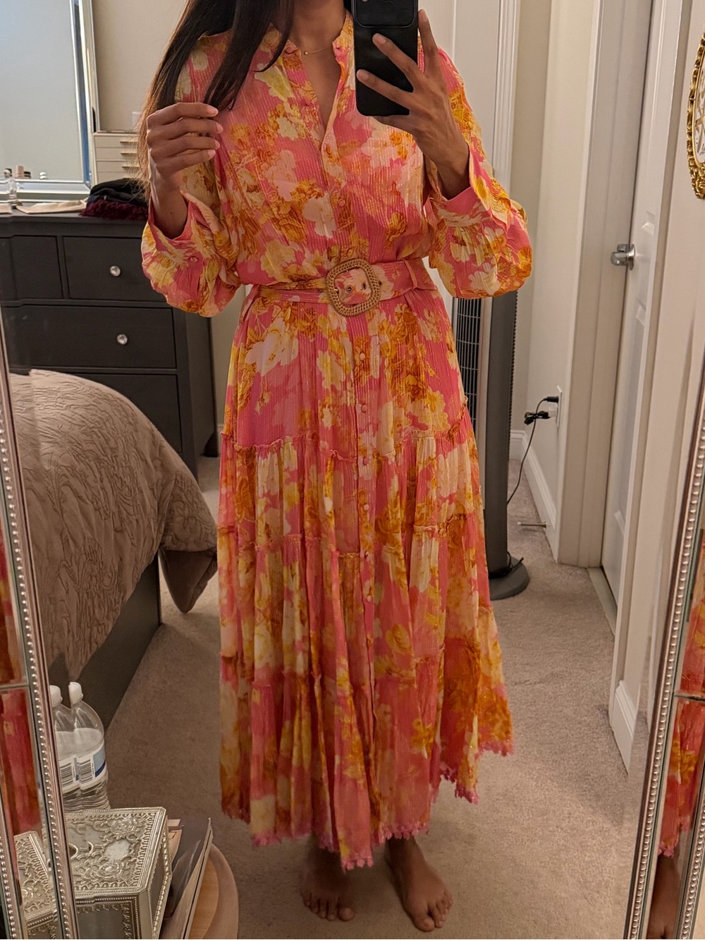 Hemant & Nandita Pink & Yellow Floral Button-Front Midi Dress with Belt - Picture 3 of 3